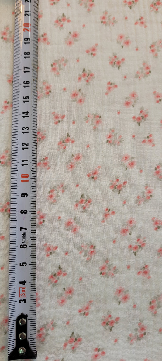 Doble Bambula de Algodón (Muselina) Estampada Flores Naranja Fondo Crudo
