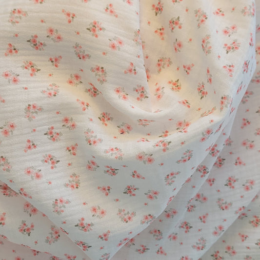 Doble Bambula de Algodón (Muselina) Estampada Flores Naranja Fondo Crudo